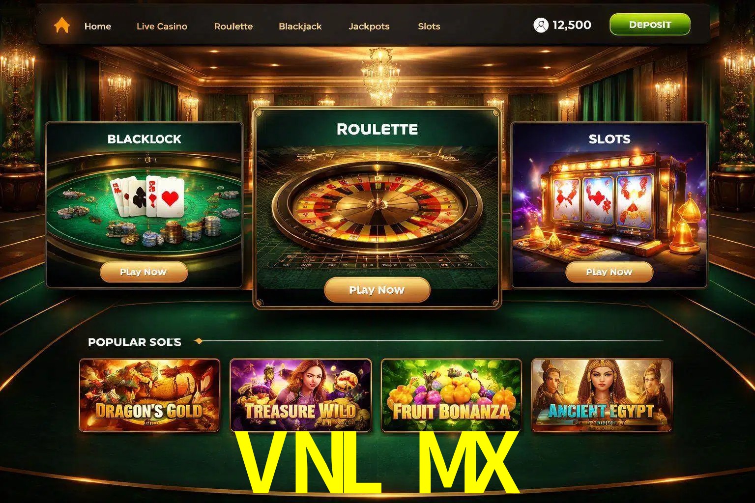 Vista de la plataforma VNL MX Casino mostrando categorías organizadas de juegos en línea