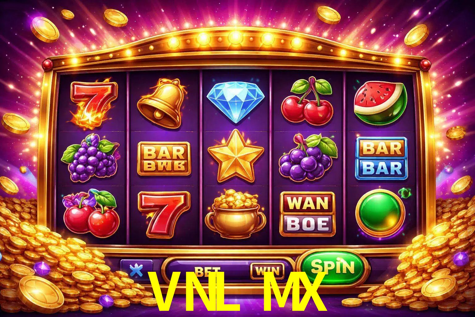 Una interfaz colorida de tragamonedas en línea con símbolos brillantes, monedas y un efecto de victoria celebratoria en VNL MX.