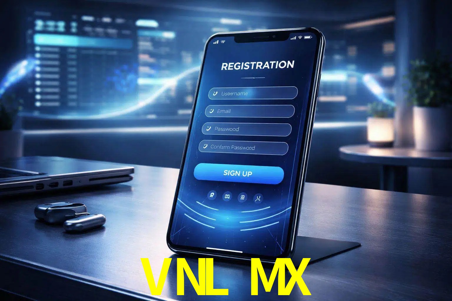 Una interfaz moderna de registro móvil para VNL MX mostrada en un smartphone con un panel de apuestas elegante.